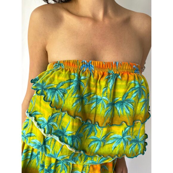 80s vintage green tropical beach print ruffle strapless romper shorts playsuit - Picture 7 of 10